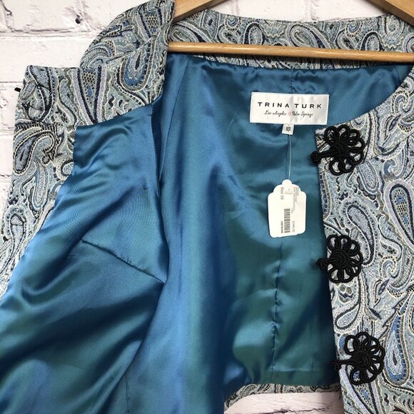 Trina Turk Los Angeles Palm Springs Paisley Peacock Fur Cuff Jacket Sz 10 - Picture 11 of 12
